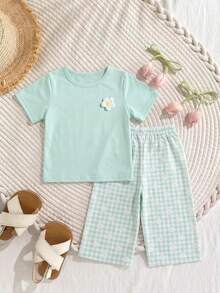 SHEIN Playful Pals 女婴/幼儿碎花圆领短袖T恤和格子裤套装 - 薄荷綠 - 查看 6