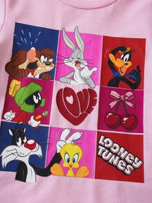LOONEY TUNES X SHEIN 女婴百搭圆领短袖T恤和休闲短裤套装 - 粉色 - 查看 5
