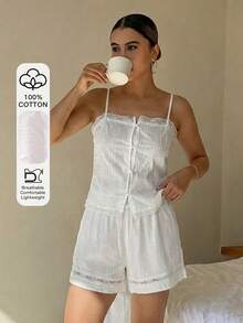 DAZY 2pcs Lace Patchwork Camisole & Loose Straight Shorts Pajama Set, Women Summer Sleepwear - White - View 6