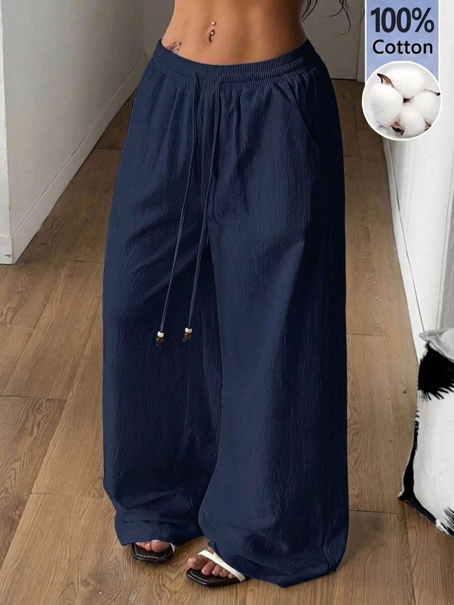Coolane 女士夏季乡村音乐会外出海滩装扮波西米亚风简约水洗100%纯棉白色弧形裤脚长裤 - 藏蓝色 - 查看 1