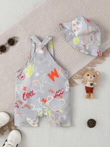 SHEIN Playful Pals Bộ quần áo liền thân kiểu đường phố cho bé trai. Trang phục cho bé sơ sinh, trẻ nhỏ, áo liền quần unisex mùa hè. - Màu Xám nhạt - Xem 2