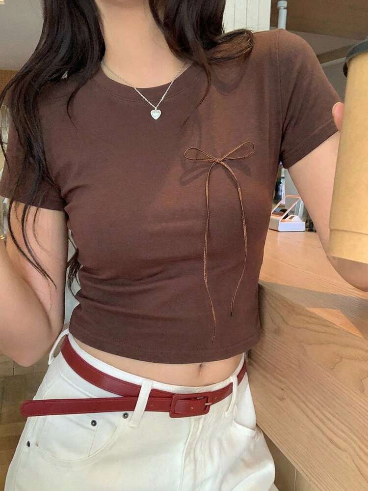 Women's Summer Round Neck Short Sleeve Bow Decor Elegant Pullover Casual T-Shirt