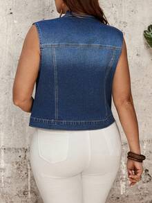 EMERY ROSE EMERY ROSE 大尺碼休閒牛仔背心上衣，深藍色破洞領口前開鈕扣式，經典口袋背心，適合夏季日常穿搭 - 藍色 - 查看 3
