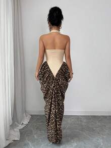 Elenzga Women's Spring/Summer Sexy Halter Tie-Up Leopard Print Patchwork Asymmetrical Design Bodycon Dress - Apricot - View 2