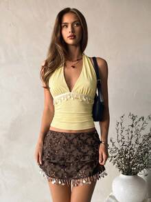 Aloruh Women's Deep V-Neck Fitted Pendant Decorated Camisole, Autumn/Winter,Summer Top - Light Yellow - View 3