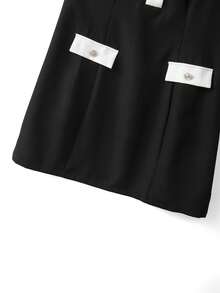 GlowEve CURVE Plus Size Women's Summer Solid Color Contrast Sleeveless Shirt Collar Half-Placket Pullover Faux Pocket Elegant Office Gym Casual Short Dress Brown - Black and White - View 3
