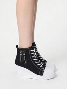 ROMWE Grunge Punk Zapatos de plataforma de lona para otoño/invierno, zapatillas de cuña de suela gruesa casual para mujer - Negro - Ver 2