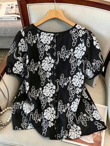 GlowEve CURVE Plus Size Women's Embroidered Casual Romantic Versatile Blouse, Suitable For Daily Wear, Commuting, And Vacation, Spring/Summer - Black - View 2