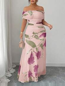 Modelyn Plus Size Women Mesh Printed Off-Shoulder Ruffle Formal Dress - Pink - View 4