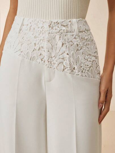 Anewsta Women's Romantic Lace Patchwork Straight Leg Trousers, Elegant Urban Chic For Spring/Summer Dates