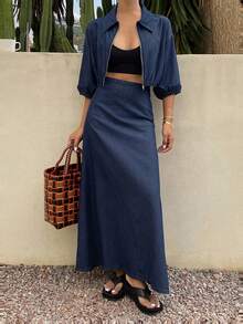Conjunto de traje de mezclilla para mujer compuesto por chaqueta de mezclilla casual y holgada con lavado vintage, camisa y falda de línea A de mezclilla, para verano y otoño - Azul lavado oscuro - Ver 3