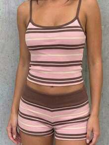 SHEIN EZwear 女士条纹露脐吊带背心和短裤两件套 - 彩色 - 查看 6