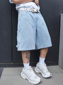 Chillumni Men's Casual Street Style Embroidered Patch Multi-Pocket Denim Blue Cargo Shorts - Light Wash - View 6