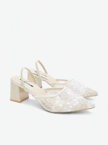 Eladyva New Chinese Style White High Heel Mules, Pointed Toe Lace Embroidery Convertible Sandals For Women,Summer Outfits - Beige - View 8