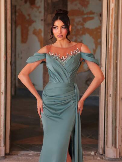 Aureia Elegant Vanilla Green Luxury 3D Beaded Embroidered Sheer Long Sleeve, Sheer Neckline, Handcrafted Beaded Waist, Ruched Fishtail Hem Side Slit Flowing Dress, Suitable For Dates, Weddings, Singles Parties, Graduations, All Formal Occasions