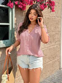 Breezaya Áo kiểu nữ cỡ lớn, thanh lịch, cổ chữ V, phối ren, tay lửng, cài cúc, phong cách thường ngày, giản dị, thời trang, đa năng. - Hồng - Xem 8