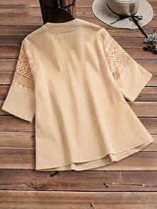 Linhara Plus Size Women Solid Color Pleated Casual Versatile Daily Wear Shirt - Apricot - View 2