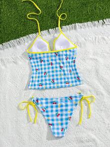 Swim Mod Women's Cute White Gingham Check Floral Bow V-Wavy Neck Swimwear Top Tie-Side Bikini Bottom 2pcs Tankini Set For Summer Holiday,Pool Party Golf - Multicolor - View 2