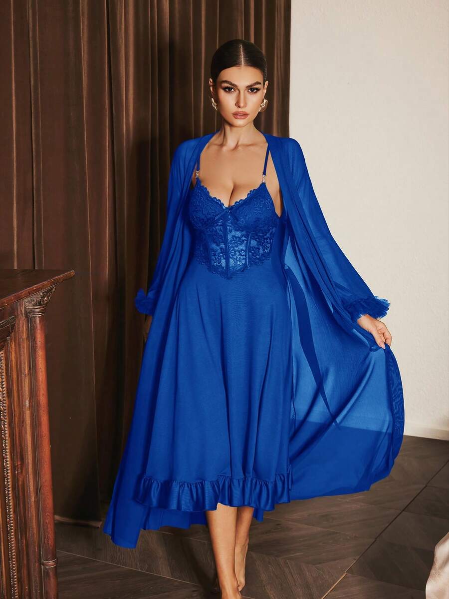 Slumberist 2pcs/Set Fishbone Design Waist Lace Camisole Nightgown + Floral Trim Wide Sleeve Mesh Robe - Royal Blue - View 1