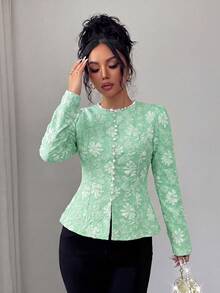 Elenzga Blusa blanca elegante y exquisita de mujer, con cuello redondo decorado con perlas, ribete de botones delanteros, diseño de bajo con abertura, adecuada para mujeres de 20 a 35+ años para reuniones, fiestas, viajes diarios, temporada de graduación (estampado aleatorio). Fabricada con tela jacquard de primavera/otoño, de estilo francés único, elegante y versátil. - Verde Oscuro - Ver 5