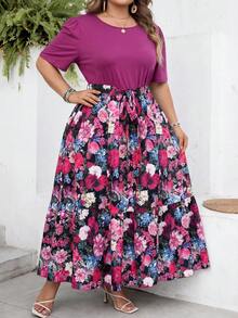 SHEIN CURVE+ Curve 尺码 US22 音乐节、海滨度假、波西米亚风夏季休闲度假印花拼接短袖连衣裙长裙 - 紫色 - 查看 4