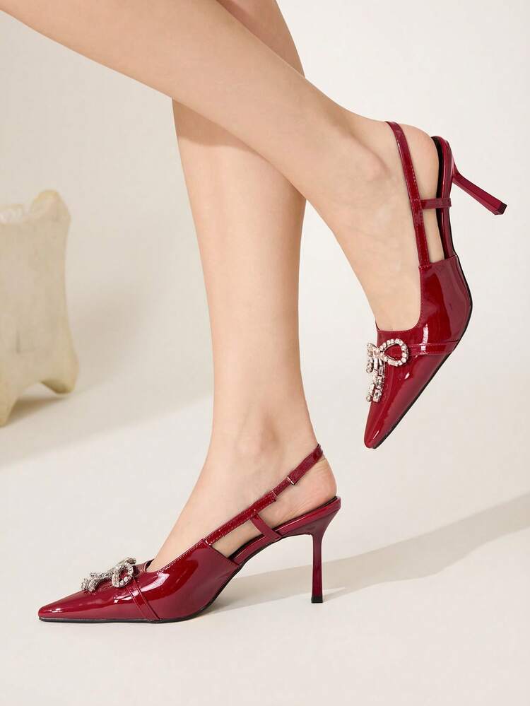 CUCCOO CHICEST Spring And Summer New Design Wine Glass Heel High Heel Bow Diamond Buckle Romantic Elegance Temperament Simple Sexy Women Red Patent Leather Material Slingback Ankle Strap High Heel Shoes Slingbacks Dress Shoes Dating Afternoon Tea Party Valentine's Day Elegant Wear