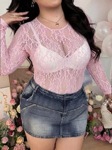 CovetEZ Áo liền thân ren xuyên thấu tay dài gợi cảm cỡ lớn, Áo tay dài xuyên thấu, Áo liền thân xuyên thấu màu hồng, Áo liền thân ren màu hồng nhạt, Áo ren màu hồng, Áo ren tay dài - Màu Hồng baby - Xem 5