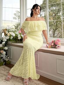 FleurLily Vestido maxi ajustado elegante con hombros descubiertos, volantes en el bajo y encaje para uso diario en talla grande - Amarillo - Ver 5