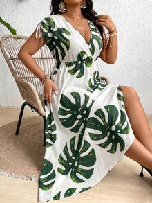 SHEIN Clasi Đầm maxi xẻ tà cổ chữ V họa tiết hoa dành cho nữ cỡ lớn. - Limelight Green - Xem 4