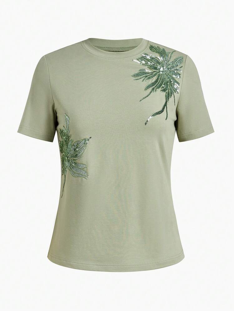 WOMEN'S SEQUINS EMBROIDERED FLORAL T-SHIRT
