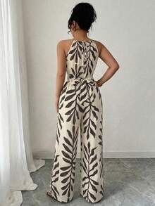 SHEIN LUNE CURVE جمبسوت قفزة مطبوعة بورق الشجر بتصميم الحلقة للحجم الكبير للعطلات الصيفية - متعدد الألوان - مشاهدة 2