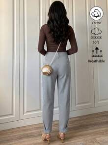 Xyvia Pantalones rectos de cintura alta con pliegues, de estilo elegante y casual, a rayas blancas y negras con doble hebilla, para mujer, primavera/verano - Blanco y Negro - Ver 2