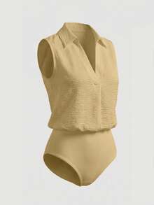 Franclia Bộ jumpsuit trắng dáng rộng không tay, cổ áo sơ mi và cổ chữ V, chất liệu vải nhăn, kiểu dáng casual tối giản, thích hợp cho công sở, đi nghỉ mát, mẫu mới năm 2026. - Màu vàng - Xem 4