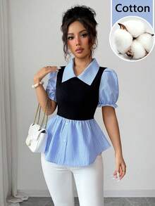 Elenzga Blusa de parche a rayas azul y blanca 2 en 1, blusa de parche elegante con cuello, mangas con volantes, dobladillo con volantes y cintura ceñida para uso diario para mujeres, atuendo casual moderno y retro para mujeres, blusas casuales para mujeres - Multicolor - Ver 5