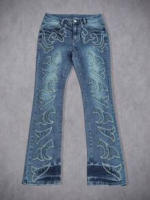 Manfinity EMRG American Streetwear New Arrival Heavy Rivet Washed Blue Flare Jeans, Versatile Slimming Pants - Blue - View 7
