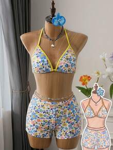 SHEIN Bộ bikini hai mảnh màu xanh hoa văn phối viền tương phản dành cho thiếu nữ, áo và quần short, đồ bơi đi biển kỳ nghỉ. - Nhiều màu - Xem 1