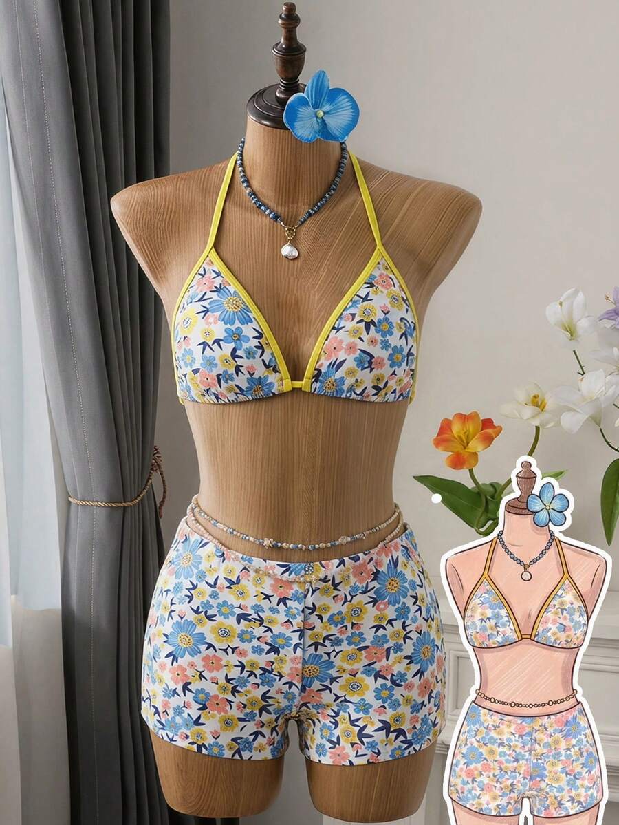SHEIN Bộ bikini hai mảnh màu xanh hoa văn phối viền tương phản dành cho thiếu nữ, áo và quần short, đồ bơi đi biển kỳ nghỉ. - Nhiều màu - Xem 1