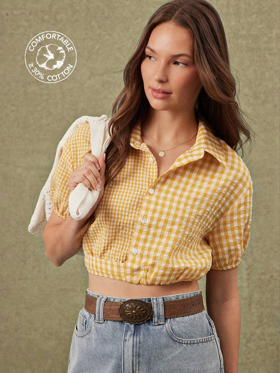 WESTFADE Top de muñeca con volantes escalonados, cuello cuadrado, tirantes con lazo y encaje de ganchillo a cuadros teñidos con hilo - Multicolor - Ver 1