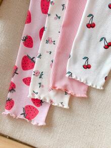 Cozy Pixies 4件套女婴休闲可爱碎花、草莓、樱桃印花纯色弹力腰针织裤，多件装 - 彩色 - 查看 6