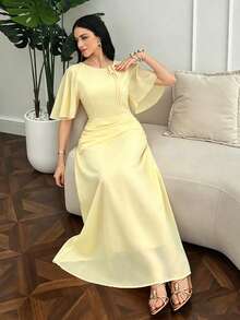 Modelyn Women's Ruched Waist Concealed Belly Flared Dress - Yellow - View 5