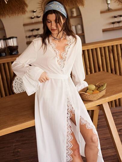 Bata larga de mujer de unicolor con doble volante de puño, estilo de encaje hidrosoluble y estilo palaciego bohemio de resort