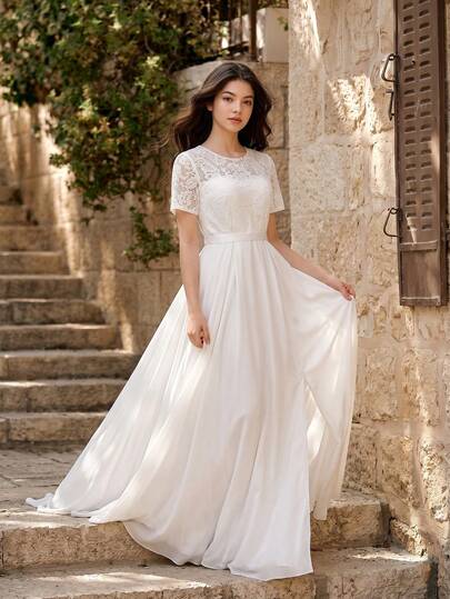Teen Girls Elegant Lace & Chiffon Sash With Bow Decor Long Dress, Suitable For Bridesmaids, Prom, Birthday Party, Banquet, All Seasons