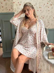 CottageSlumber Plus Size Women's Romantic Ditsy Floral Lace Patchwork Camisole & Robe 2-Piece Sleepwear Set - Apricot - View 8