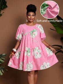 Maweii Plus Size Women's Summer Vacation Lantern Sleeve Short Sleeve Printed Round Neck Ruched A-Line Dress - Pink - View 1