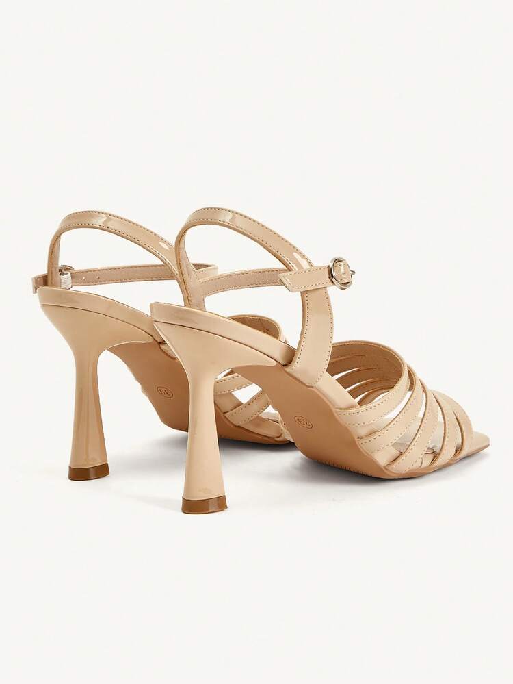 CUCCOO CHICEST Women's High-Heeled Sandals, Glossy Patent Leather Women's Sandals, Nude Retro Square Toe, Multi-Layer Thin Horizontal Belt Package On The Forefoot, Metal Round Buckle Adjustment Rear Strap, Thick High-Heeled Stable Model, Daily Commuting/Dating/Light Banquet Versatile Open-Toed Shoes