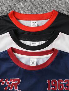 SHEIN 儿童6件套男童休闲经典运动赛车主题印花短袖圆领T恤和短裤套装，经典酷炫棒球运动服风格，88号，哥特式芝加哥文字和星星印花短袖圆领T恤和短裤套装，适合夏季、赛车比赛、赛车运动。 - 彩色 - 查看 6