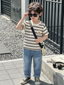 SHEIN 2pcs/Set Young Boy Fashionable Patterned Knit Striped Embroidered Short Sleeve Top With Elastic Waist Washed Denim Pants,Summer,School,Back-To-School - Apricot - View 3