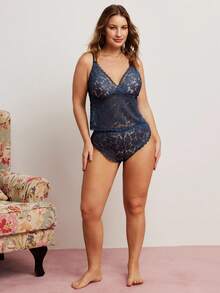 Elorette Lencería de encaje transparente de unicolor talla grande - azul real - Ver 5