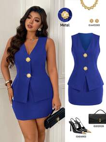 Femmeverse Plus Size Sexy Gold Button Sleeveless Tank Top And Mini Skirt Set, Summer - Blue - View 3