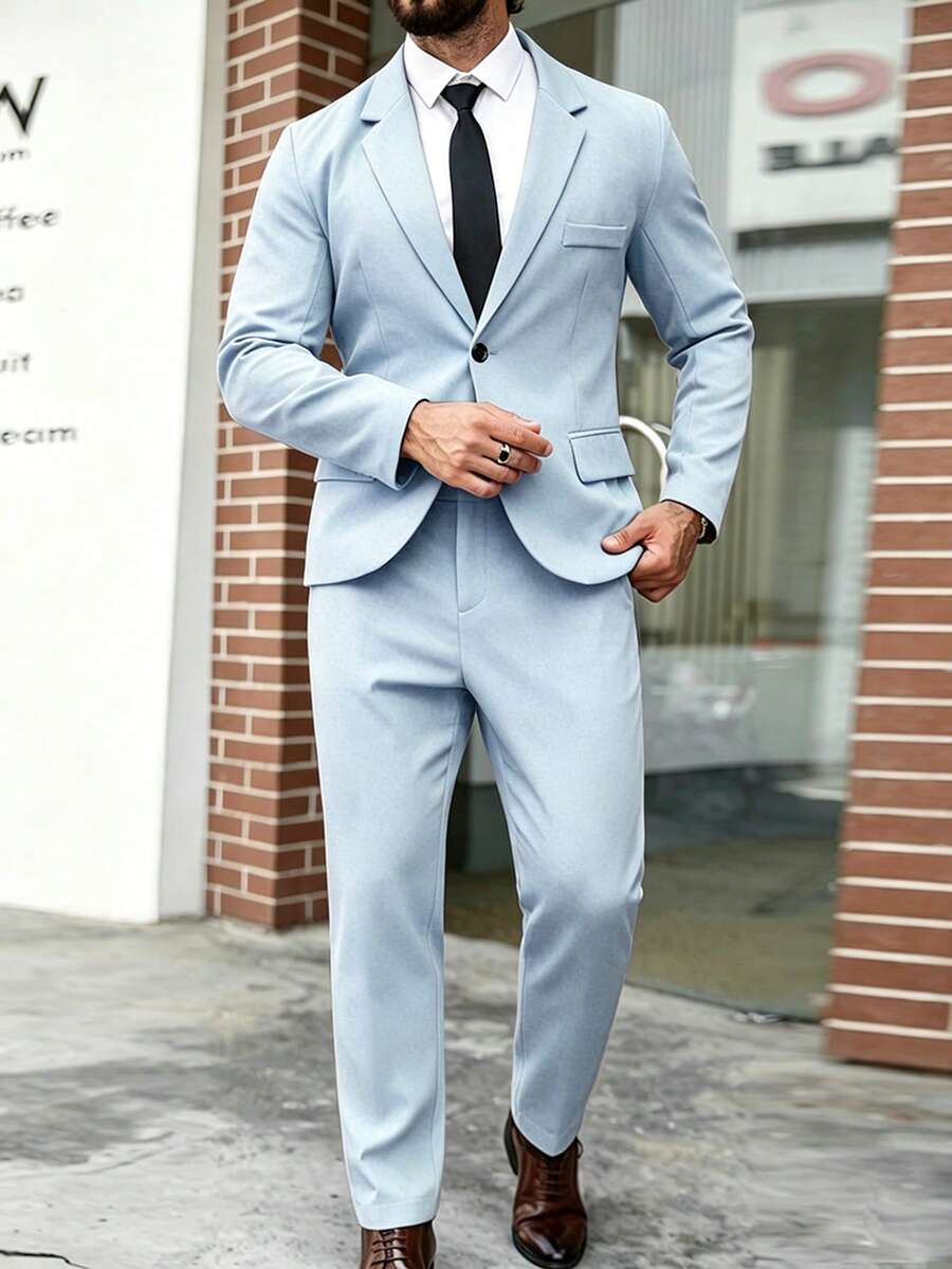 Manfinity Mode 大尺碼男士鈕扣長袖西裝外套與休閒口袋長褲套裝,儀式、正式 - 淺藍色 - 查看 1